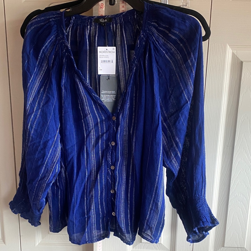 Rails NWT Mariah Relaxed Fit Blue/White Striped Linen Blend Button-Up Blouse - Picture 3 of 14